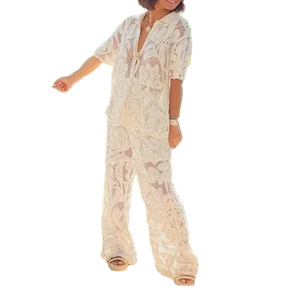 Crochet Two-Piece Polo Top and Trousers Set for Women