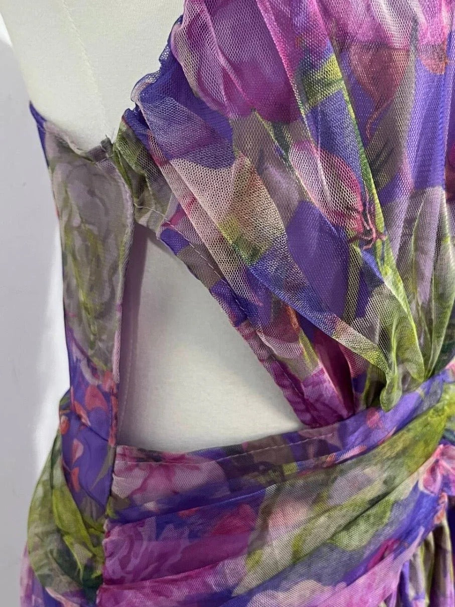 Mesh Floral Print One Shoulder Maxi Dress for Women