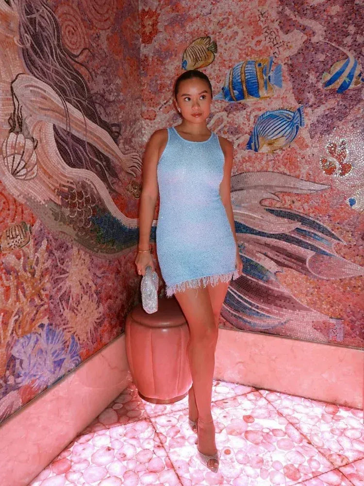 Glitter Knit Fringed Hem Sleeveless Mini Dress for Women