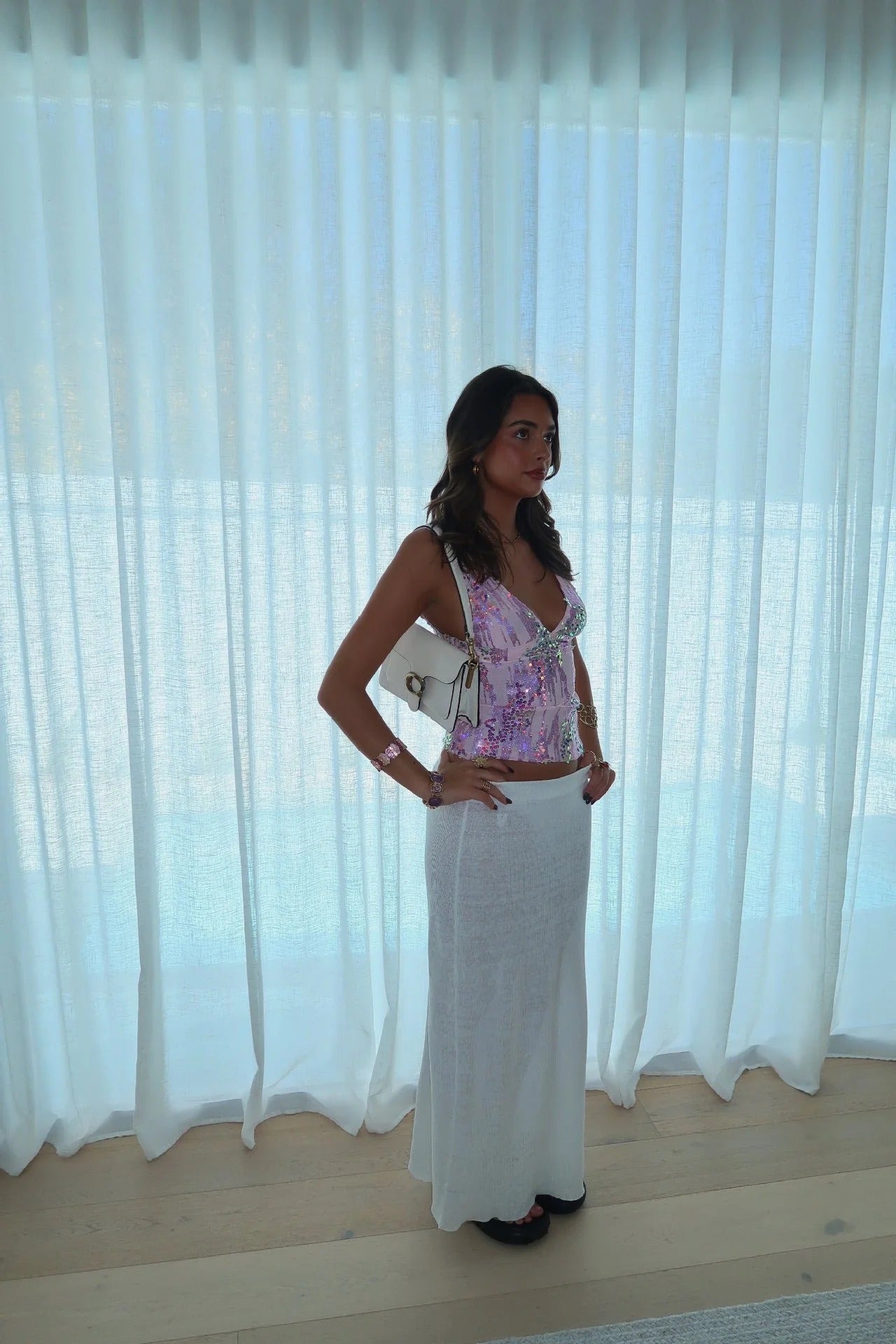 Sequin Embellished Plunging Halter Neck Top for Women