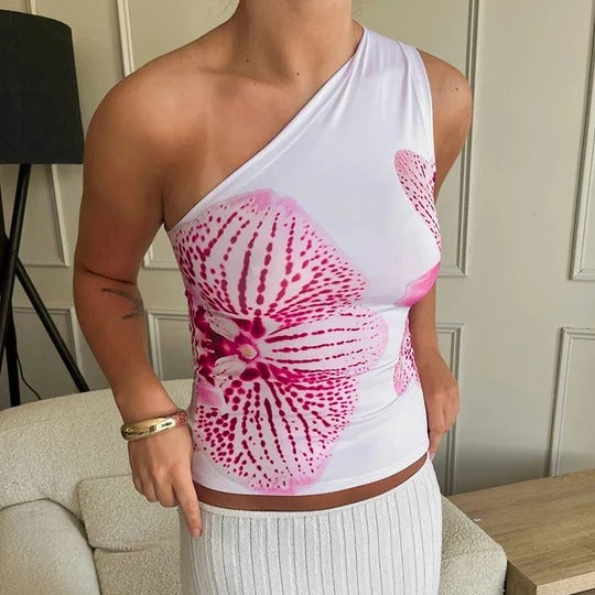 One-Shoulder Orchid Print Top for Women
