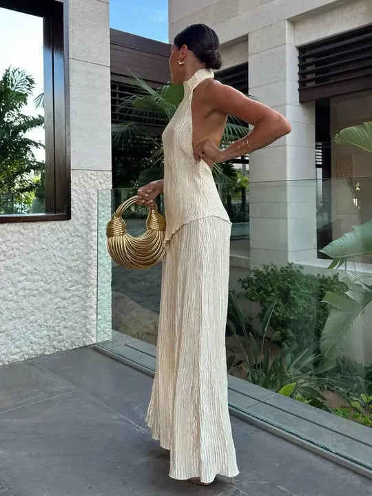 Pleated Halter Neck Wide Leg Jumpsuit for Women