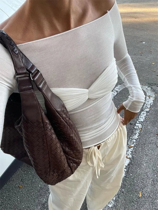 Off-Shoulder Sheer Top with Twist Front for Women