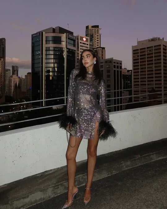 Mesh Glitter Mini Dress with Feather Cuffs for Women