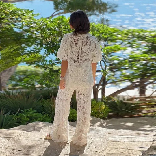 Crochet Two-Piece Polo Top and Trousers Set for Women