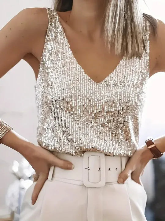 Sequin Sleeveless V-Neck Top for Women