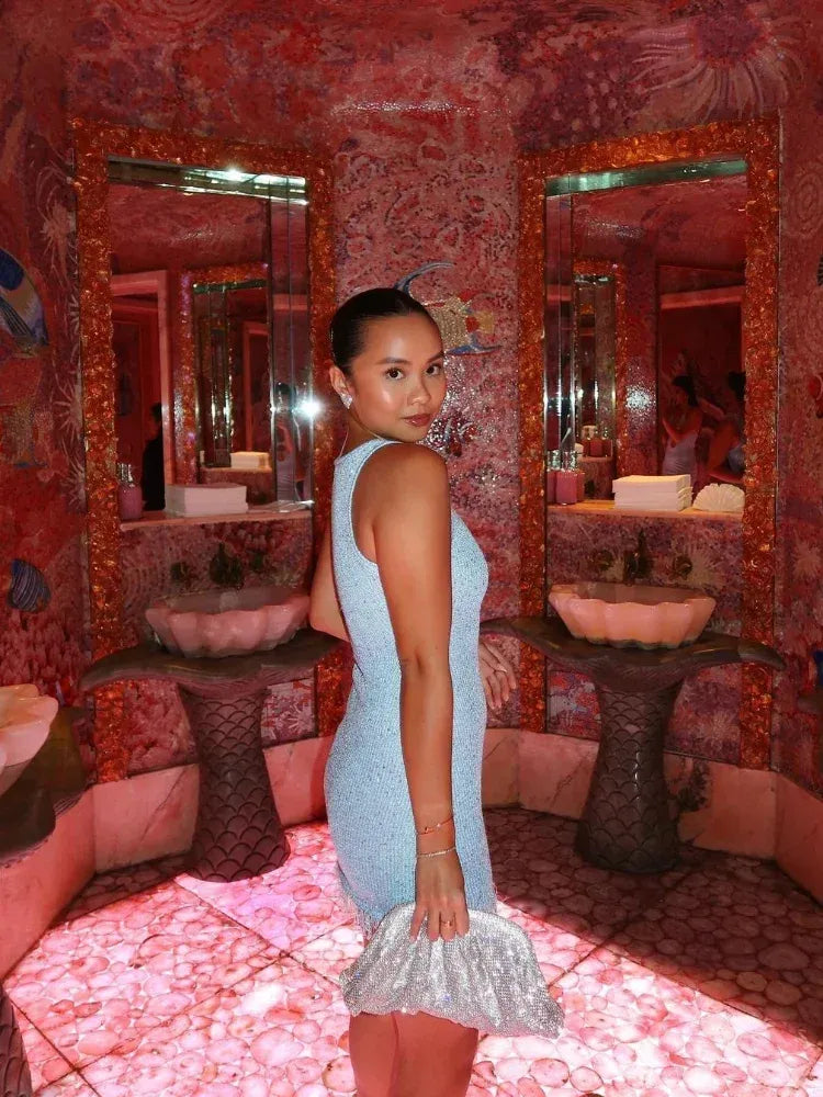 Glitter Knit Fringed Hem Sleeveless Mini Dress for Women