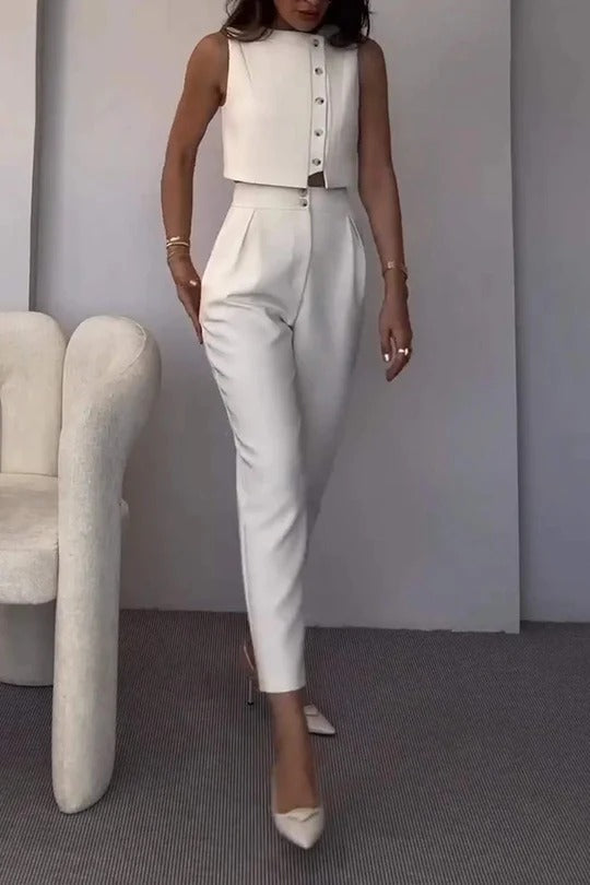 Two-Piece Cropped Vest Top and Pleated Trousers Set for Women