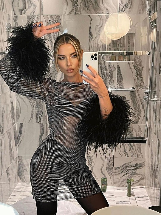 Mesh Glitter Mini Dress with Feather Cuffs for Women