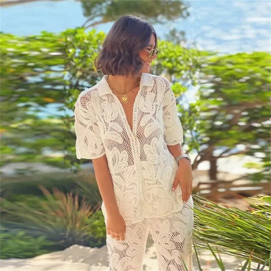 Crochet Two-Piece Polo Top and Trousers Set for Women