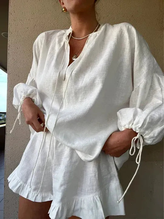 Two-Piece Linen Blouse and Ruffled Shorts Set for Women