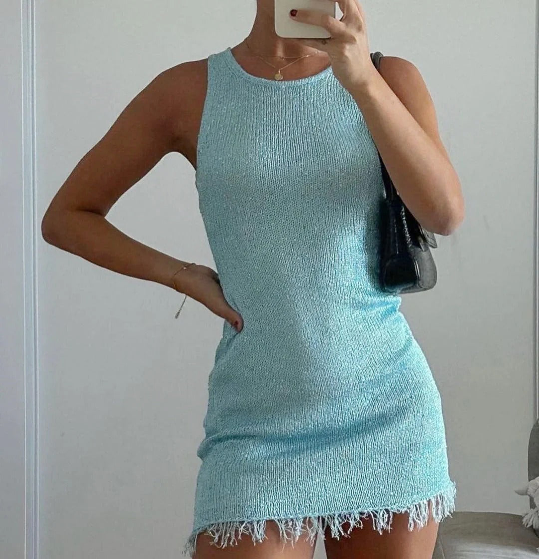 Glitter Knit Fringed Hem Sleeveless Mini Dress for Women