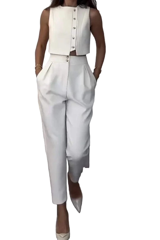 Two-Piece Cropped Vest Top and Pleated Trousers Set for Women