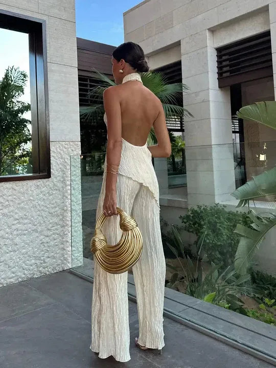 Pleated Halter Neck Wide Leg Jumpsuit for Women