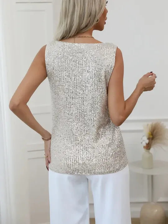 Sequin Sleeveless V-Neck Top for Women