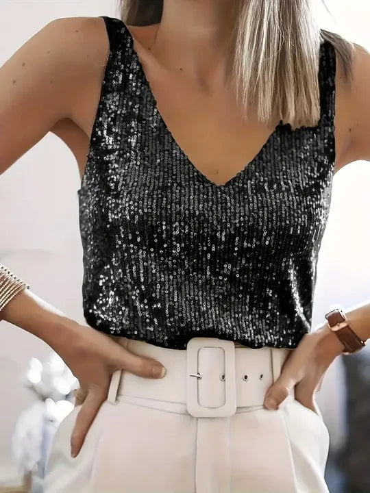 Sequin Sleeveless V-Neck Top for Women