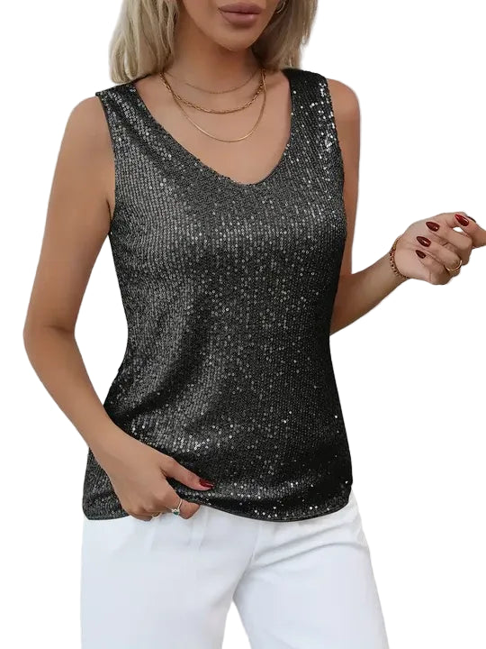 Sequin Sleeveless V-Neck Top for Women