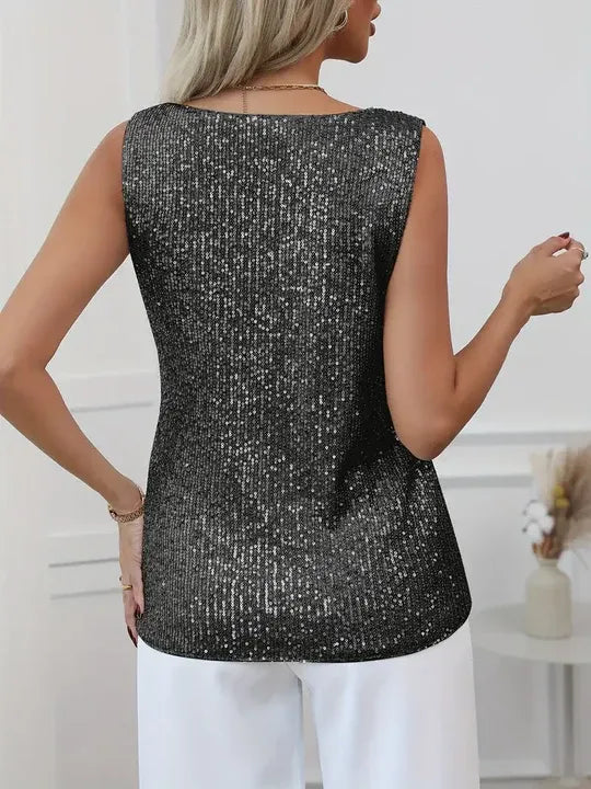 Sequin Sleeveless V-Neck Top for Women
