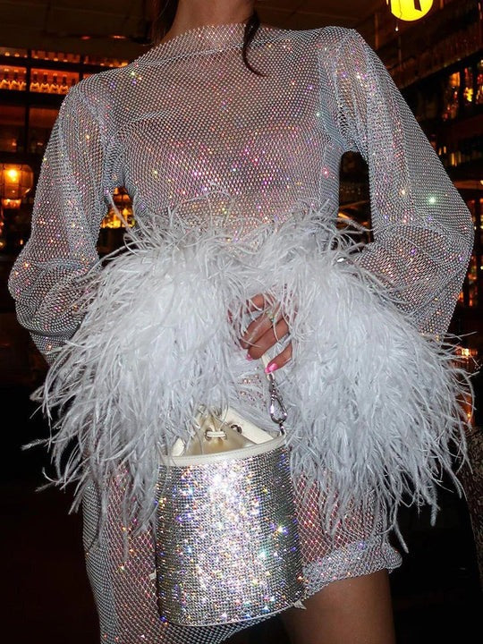 Mesh Glitter Mini Dress with Feather Cuffs for Women