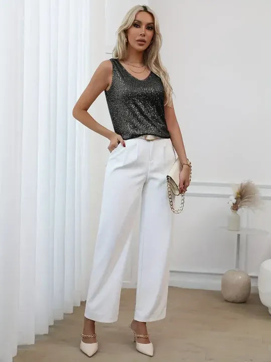 Sequin Sleeveless V-Neck Top for Women