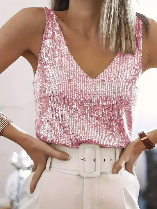 Sequin Sleeveless V-Neck Top for Women