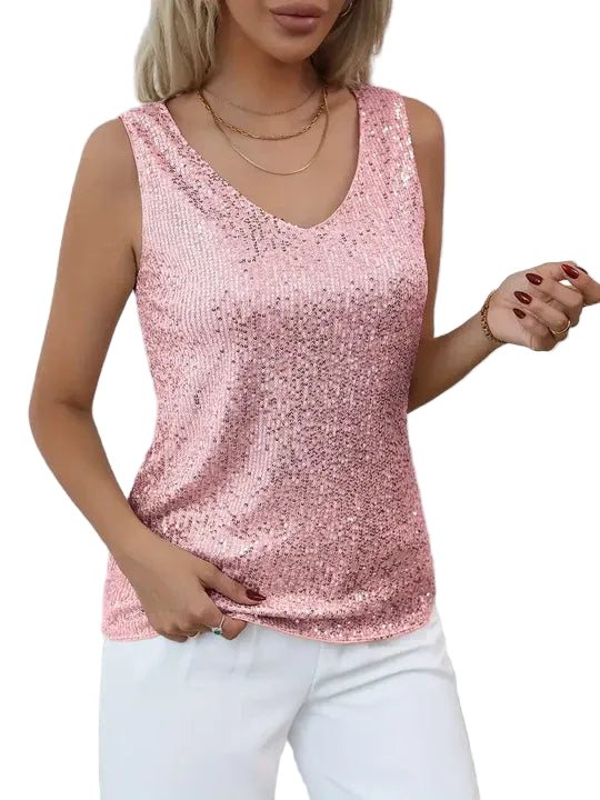 Sequin Sleeveless V-Neck Top for Women