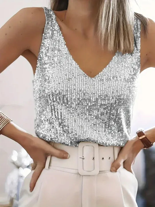 Sequin Sleeveless V-Neck Top for Women