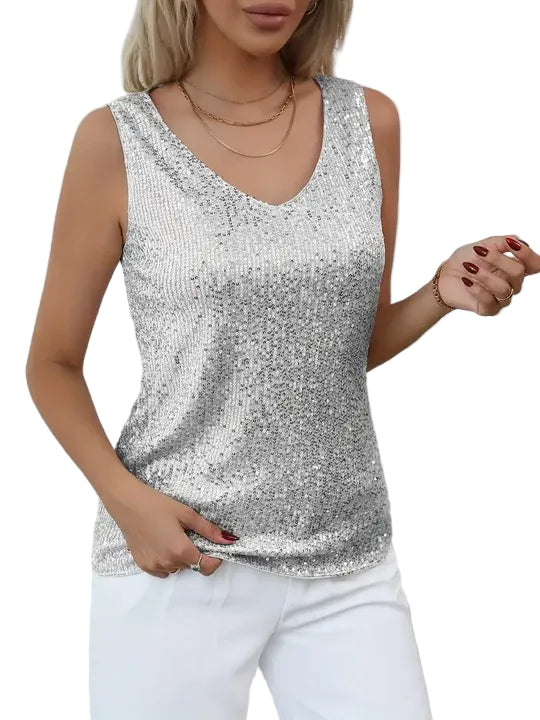 Sequin Sleeveless V-Neck Top for Women