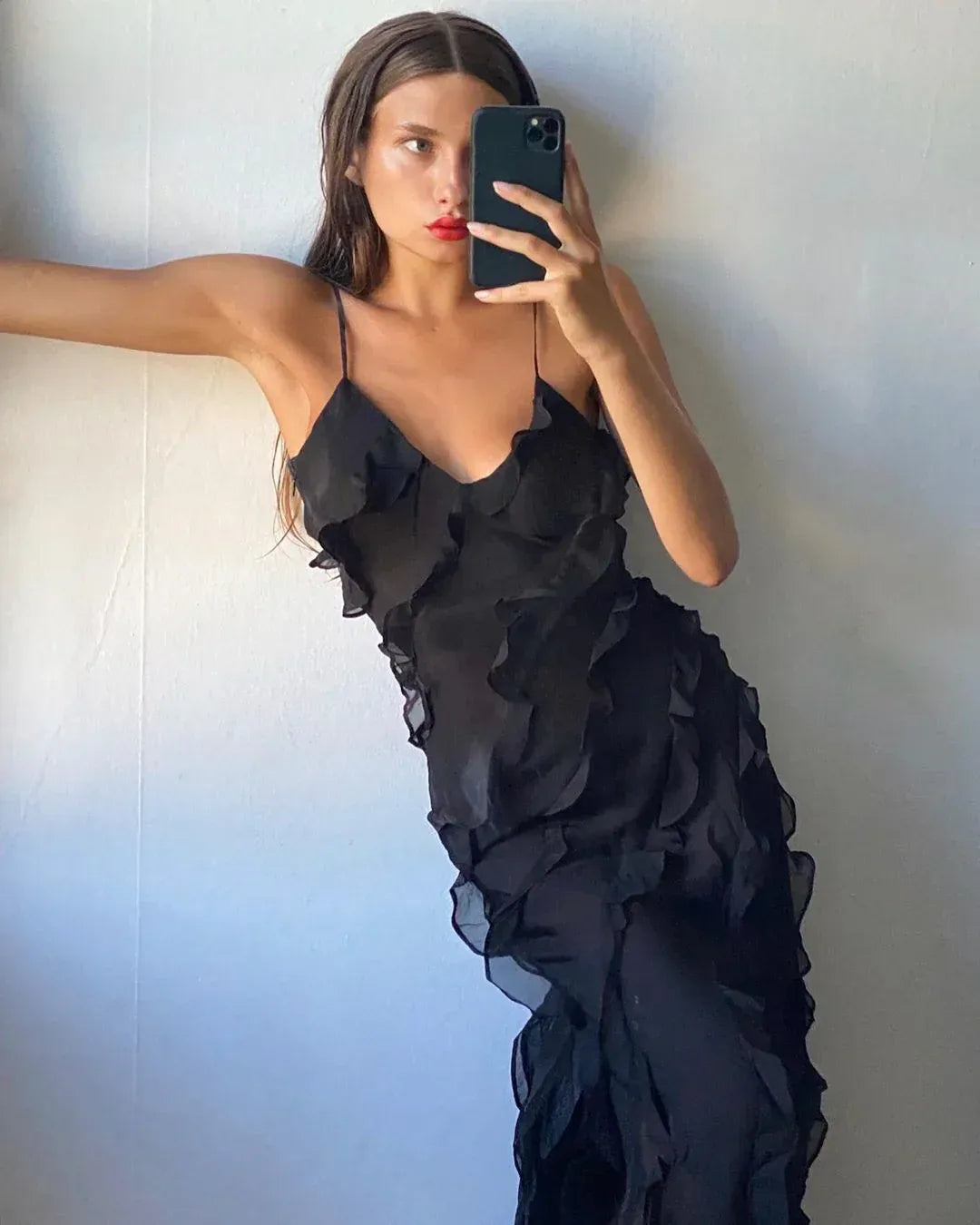 Tiered Ruffle Cascade V-Neck Maxi Dress for Women