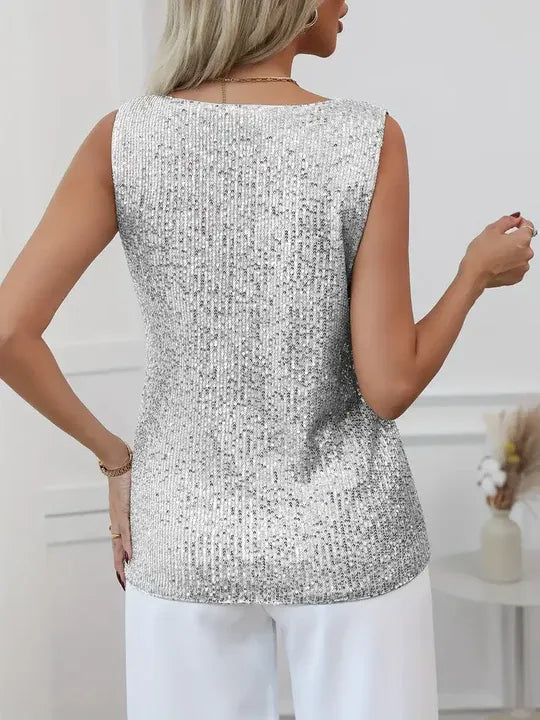 Sequin Sleeveless V-Neck Top for Women