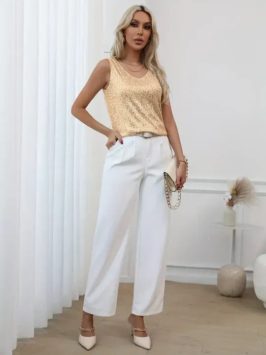 Sequin Sleeveless V-Neck Top for Women