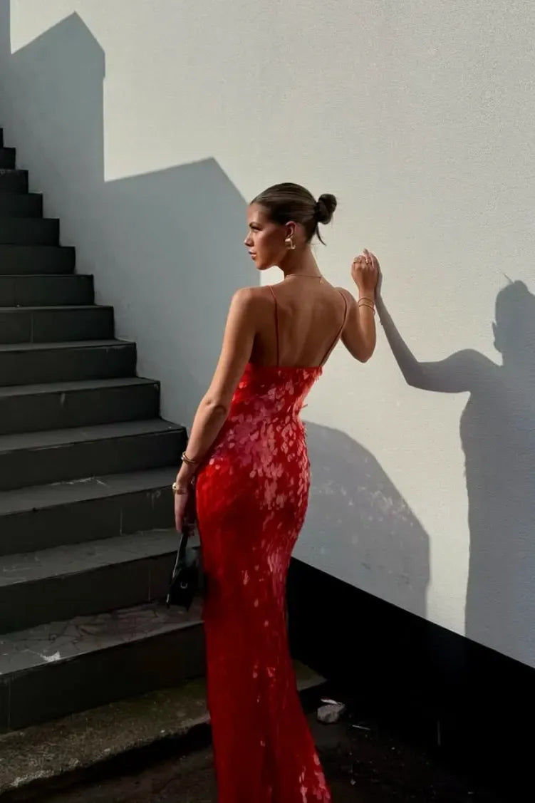 Deep V-Neck Sequin Embellished Cut Out Maxi Dress for Women