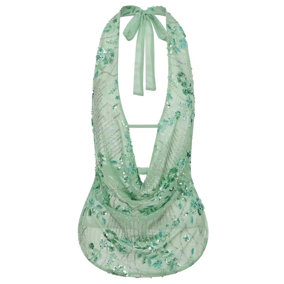 Sequin Beaded Halter Neck Top for Women