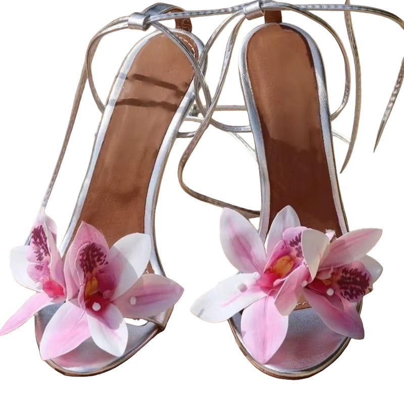 Floral Ankle Wrap Stiletto Heels for Women