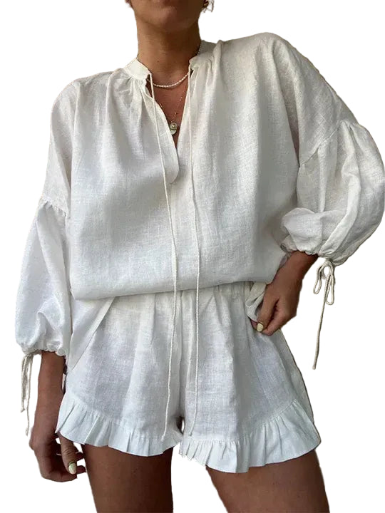 Two-Piece Linen Blouse and Ruffled Shorts Set for Women